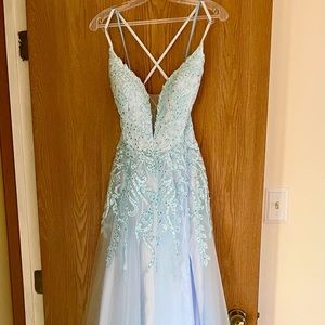 Dave & Johnny Prom dress, NWOT, never worn. Sz 11/12; Light blue with accents.